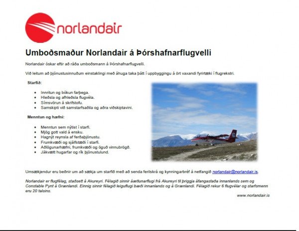Umboðsmaður Norlandair á Þórhafnarflugvelli óskast