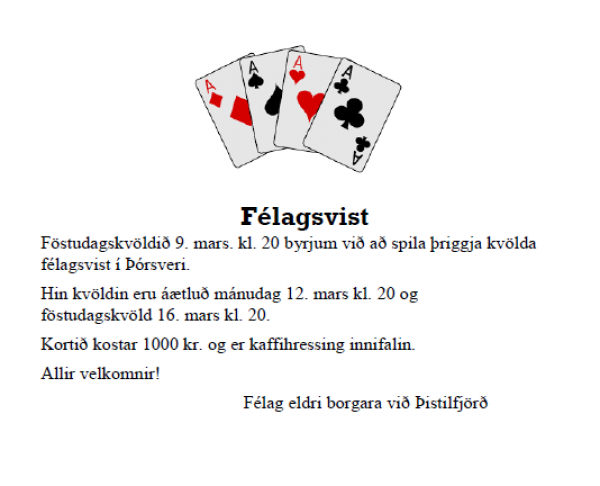 Félagsvist í kvöld og í næstu viku