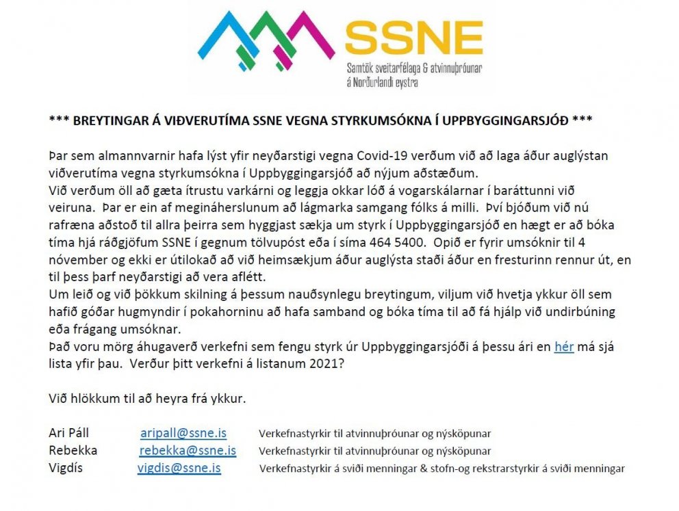 Breytingar á viðverutíma SSNE vegna styrkumsókna í Uppbyggingarsjóð